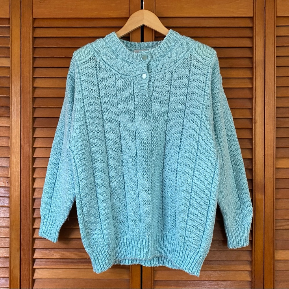 Vintage Sweater Top Women's Size Large Baby Blue Cable Knit Button Acrylic Retro
